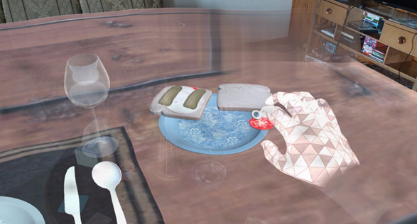 Note: The fluctuation of vision objects in the environment can be seen, along with a blurred area at the far corner of the table that is meant to simulate macular degeneration.  